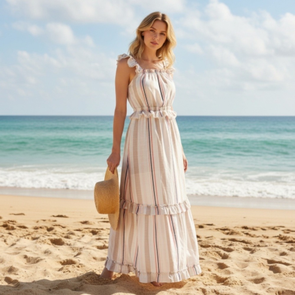 MISA Los Angeles XS Ruffle Stripe Cotton Maxi Dress Boho Vacation Made in USA